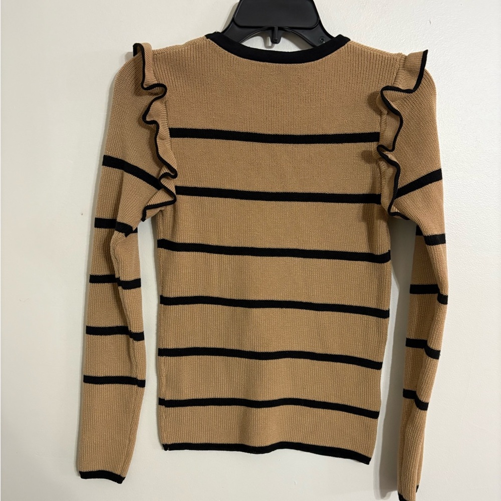 Striped Ruffle Sleeve Ribbed Sweater Top - Tan and Black Size Small - Picture 2 of 3